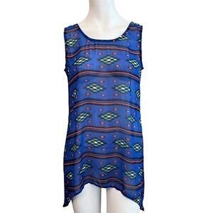 Wrangler Shirt Womens Small Bright Blue Blouse Aztec Western Sheer Long Tunic
